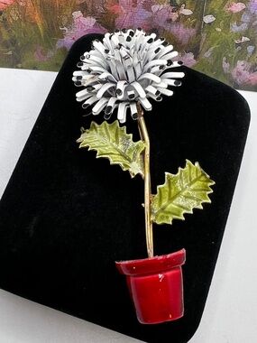 Corocraft Fringed Flower in a Pot Enamel Brooch